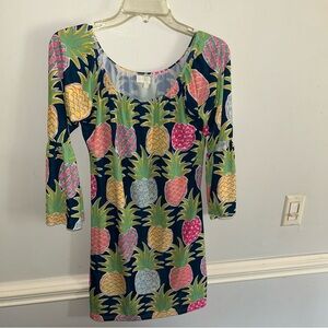 Simply Southern Navy Pineapple Scoop-Neck Midi Dress with Pink, Yellow & Mint